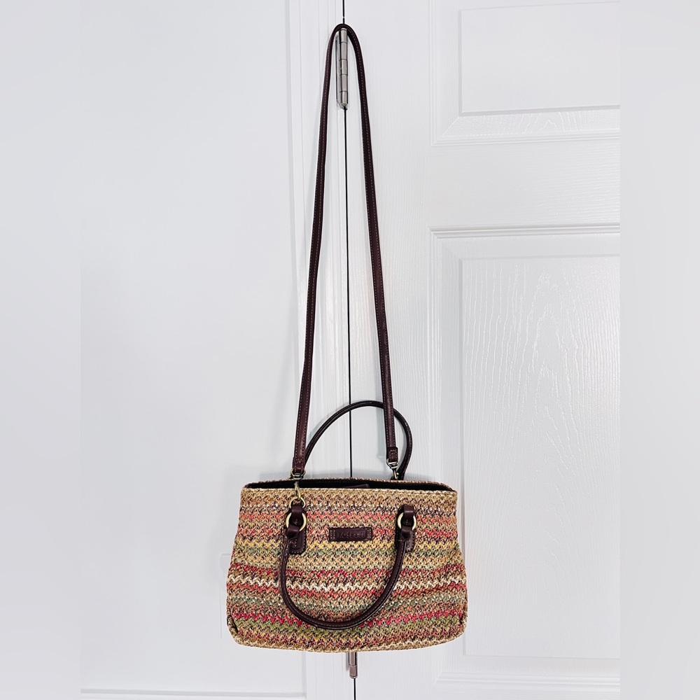 Rosetti woven mini shoulder bag brown multicolored faux leather handles purse